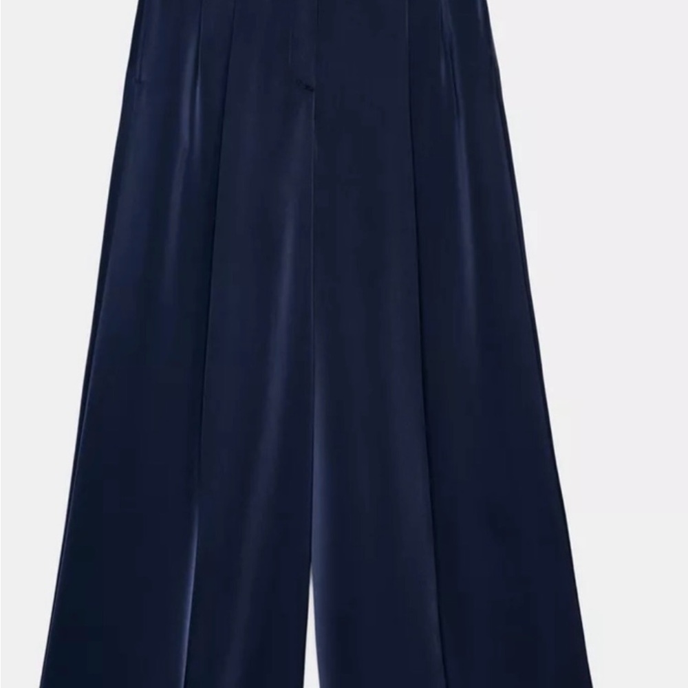 Zara Navy Wide-Leg Satin Pants - Picture 7 of 8